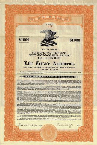 Lake Terrace Apartments $1000 Gold Bond - Chicago, Illinois 1929