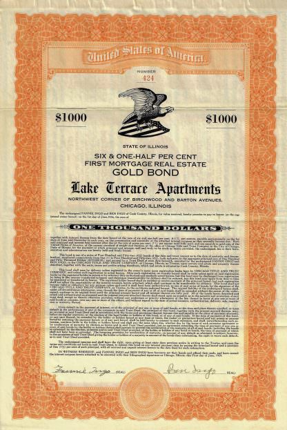 Lake Terrace Apartments $1000 Gold Bond - Chicago, Illinois 1929