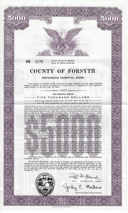 County of Forsyth, Refunding Hospital Bond, 1977