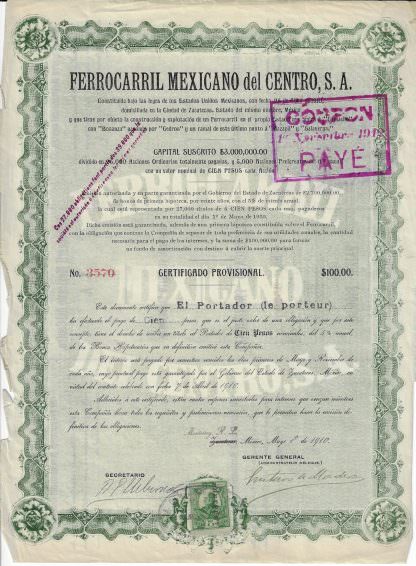Ferrocarril Mexo del Centro, S.A., 1910