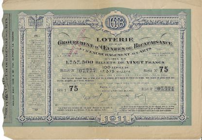 Loterie pour un Groupement d'euvres de Bienfaisance et d'Encouragement aux arts, 1911