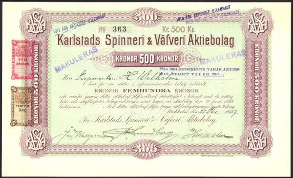 Karlstads Spinneri & Välferi Aktiebolag, 1907
