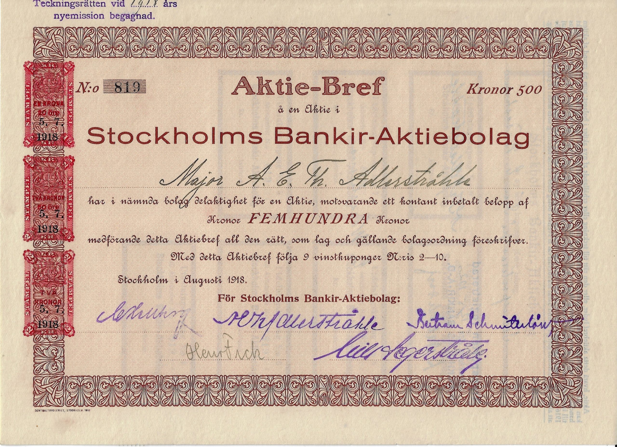 Stockholms Bankir-Aktiebolag, 1918